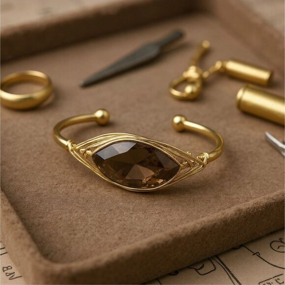 Smoky Quartz Leaf Wire Wrap Cuff – 14Kt Gold Over Copper – Grounding Talisman - Picture 12 of 12